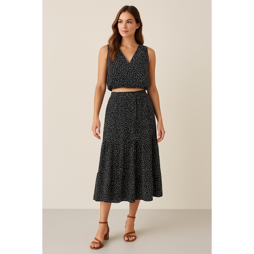 WD.NY White Black Polka Dot Pleated Midi Skirt Set M Feminine Romantic Chic